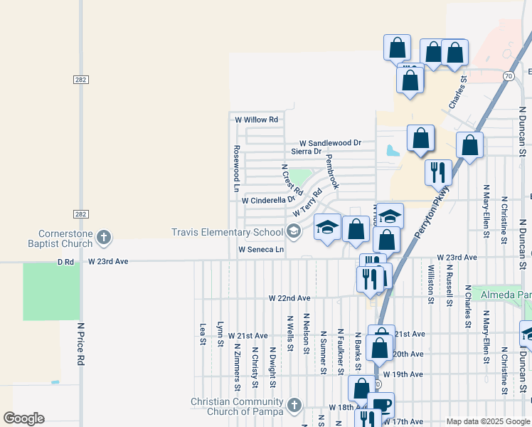 map of restaurants, bars, coffee shops, grocery stores, and more near 1101-1133 West Cinderella Drive in Pampa