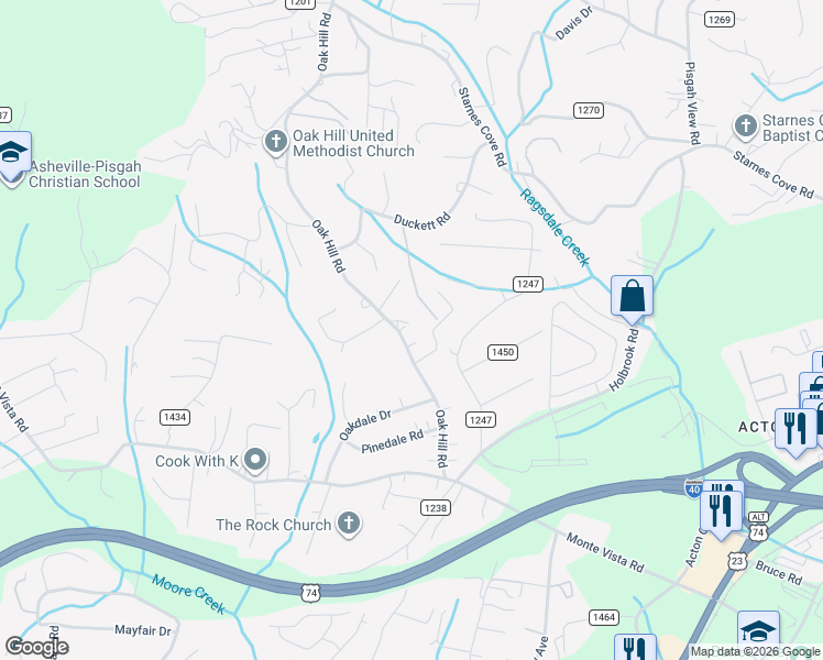 map of restaurants, bars, coffee shops, grocery stores, and more near 2 Oak Lane in Candler