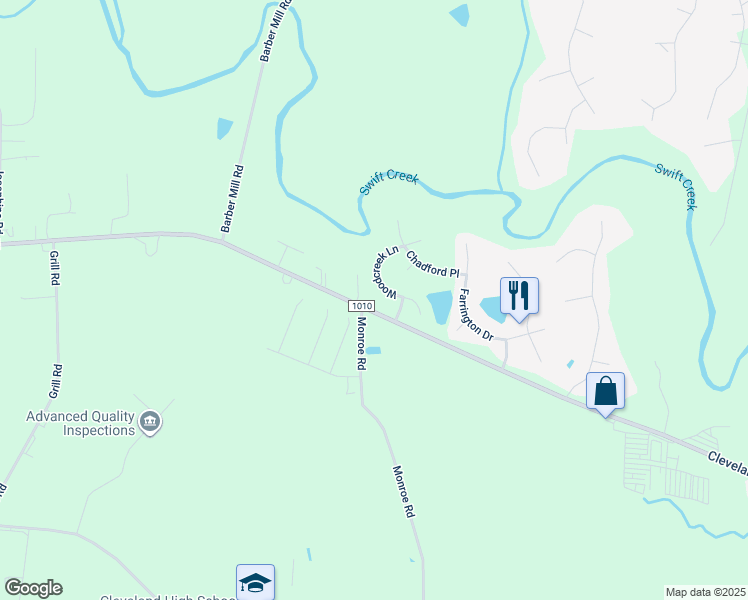 map of restaurants, bars, coffee shops, grocery stores, and more near 57 Woodcreek Lane in Clayton