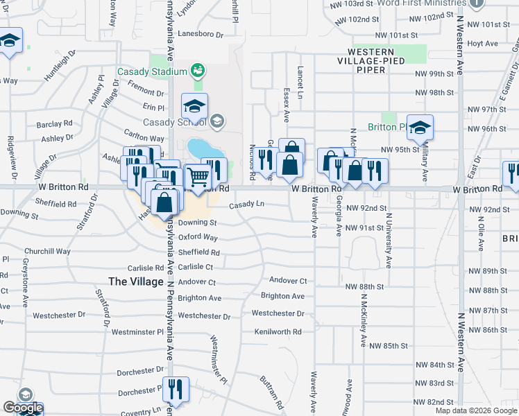 map of restaurants, bars, coffee shops, grocery stores, and more near 1413 Casady Lane in The Village
