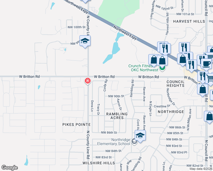 map of restaurants, bars, coffee shops, grocery stores, and more near 9212 Cindy Road in Oklahoma City