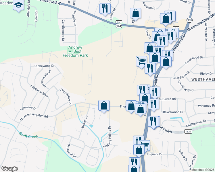 map of restaurants, bars, coffee shops, grocery stores, and more near 730 Thomas Langston Road in Winterville