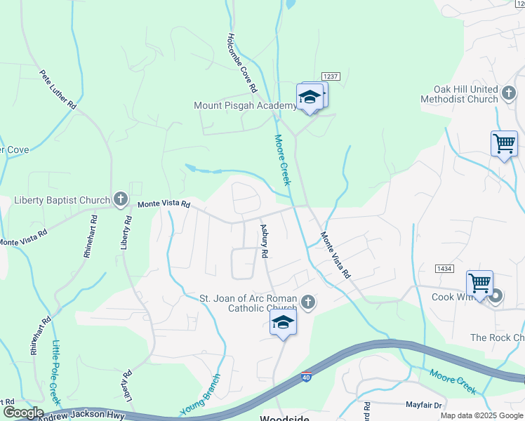map of restaurants, bars, coffee shops, grocery stores, and more near 720 Monte Vista Road in Candler