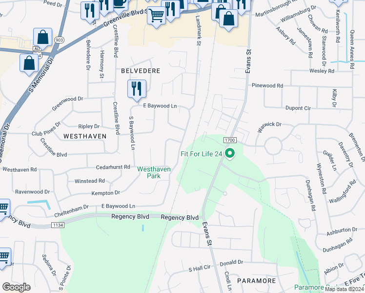 map of restaurants, bars, coffee shops, grocery stores, and more near 3615 Baywood Lane in Greenville