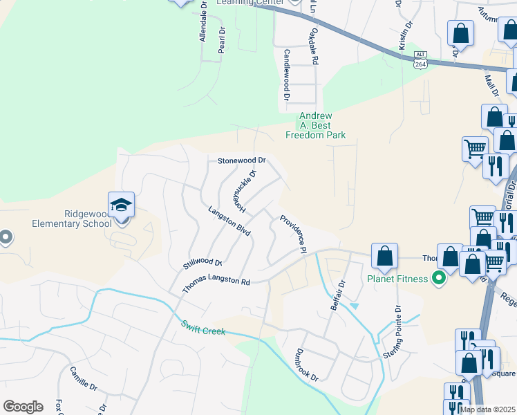 map of restaurants, bars, coffee shops, grocery stores, and more near 3504 Stillwood Drive in Winterville
