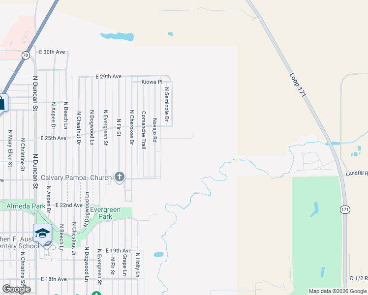 map of restaurants, bars, coffee shops, grocery stores, and more near 1505 Laguna Road in Pampa