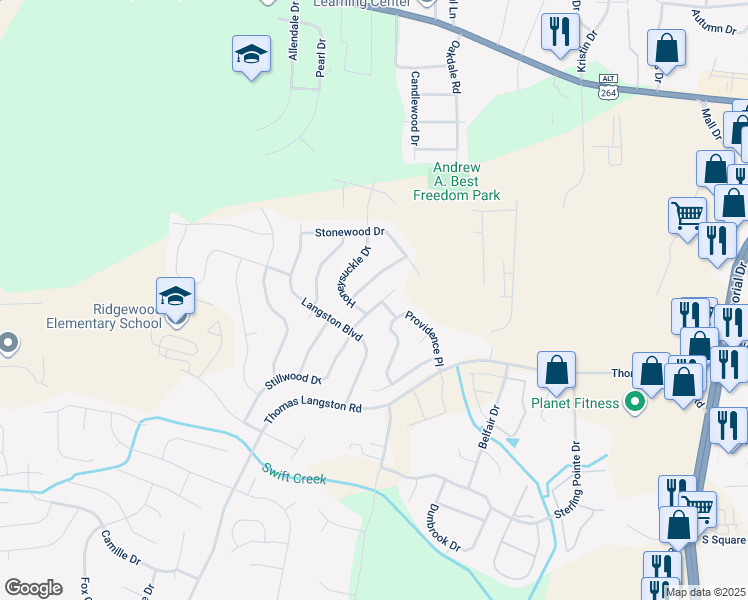 map of restaurants, bars, coffee shops, grocery stores, and more near 3504 Stillwood Drive in Winterville