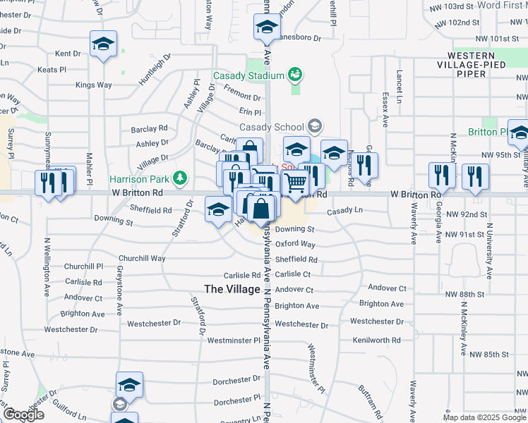 map of restaurants, bars, coffee shops, grocery stores, and more near 9253 North Pennsylvania Avenue in The Village