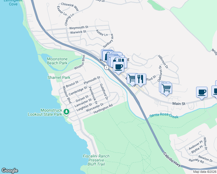 map of restaurants, bars, coffee shops, grocery stores, and more near 5255 Plymouth Street in Cambria
