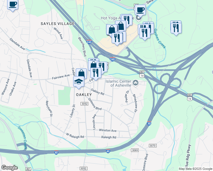 map of restaurants, bars, coffee shops, grocery stores, and more near 24 Hilldale Road in Asheville