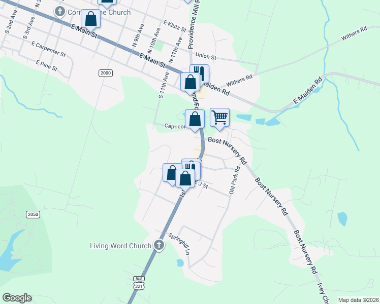 map of restaurants, bars, coffee shops, grocery stores, and more near 224 Island Ford Road in Maiden