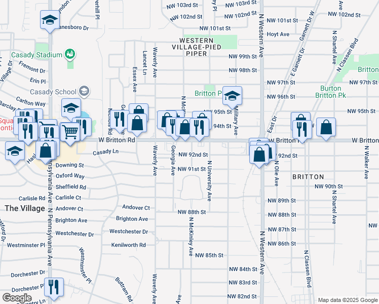 map of restaurants, bars, coffee shops, grocery stores, and more near 1401 Northwest 92nd Street in Oklahoma City