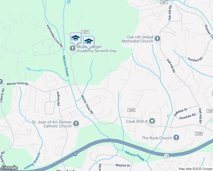 map of restaurants, bars, coffee shops, grocery stores, and more near 49 High Meadows Drive in Candler