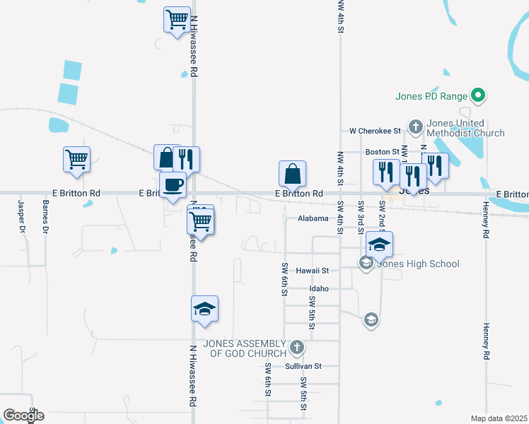 map of restaurants, bars, coffee shops, grocery stores, and more near 12812 East Britton Road in Jones