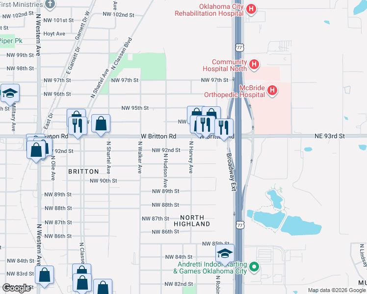 map of restaurants, bars, coffee shops, grocery stores, and more near in Oklahoma City
