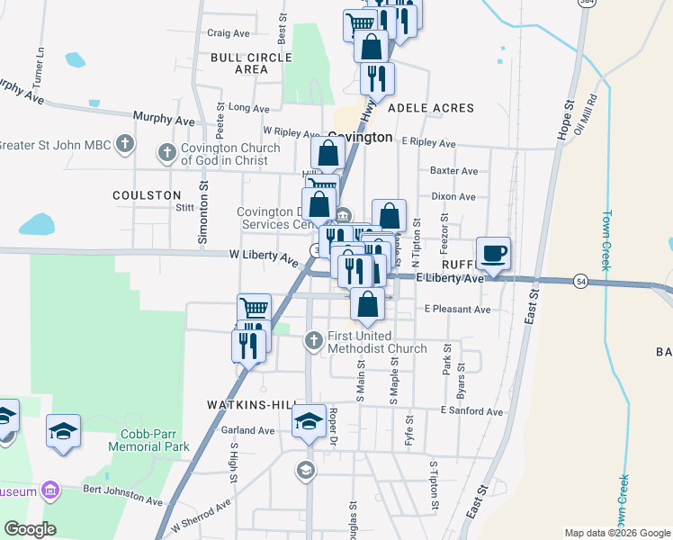 map of restaurants, bars, coffee shops, grocery stores, and more near 128 West Liberty Avenue in Covington