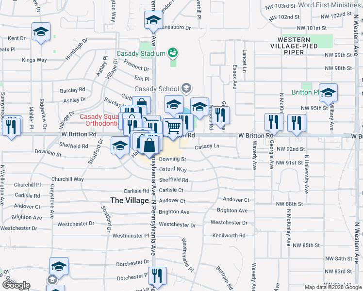 map of restaurants, bars, coffee shops, grocery stores, and more near 1511 Casady Lane in The Village