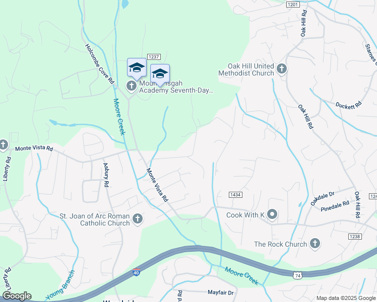map of restaurants, bars, coffee shops, grocery stores, and more near 49 High Meadows Drive in Candler