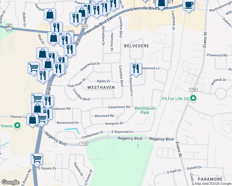 map of restaurants, bars, coffee shops, grocery stores, and more near 126-198 Antler Road in Greenville