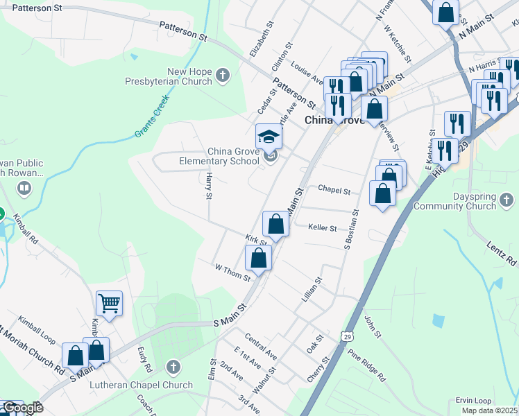 map of restaurants, bars, coffee shops, grocery stores, and more near 714 South Franklin Street in China Grove