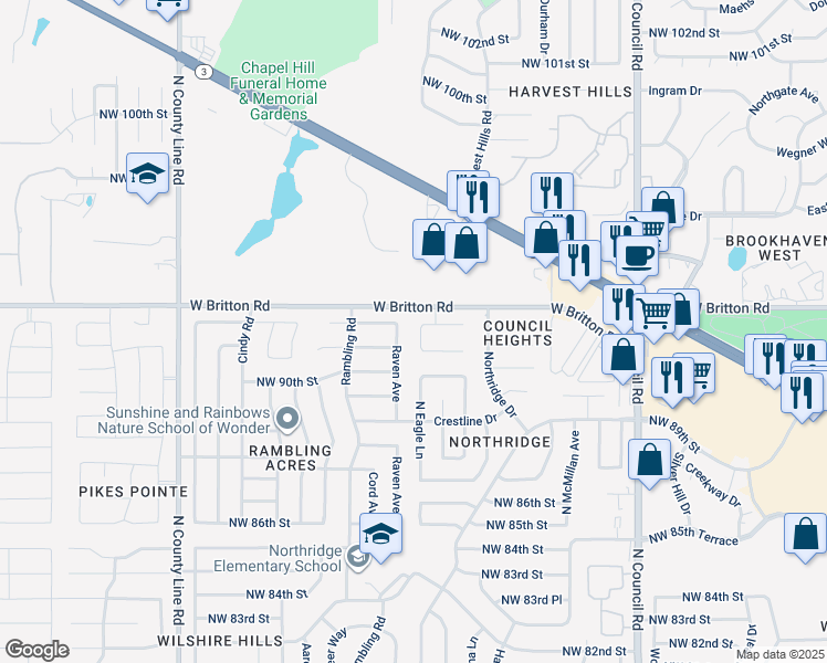 map of restaurants, bars, coffee shops, grocery stores, and more near 9217 North Eagle Lane in Oklahoma City