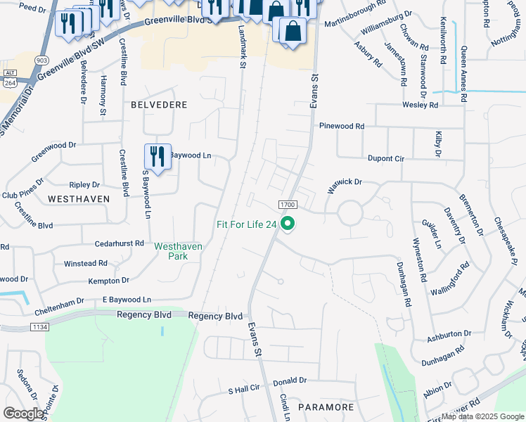 map of restaurants, bars, coffee shops, grocery stores, and more near 3450 Evans Street in Greenville