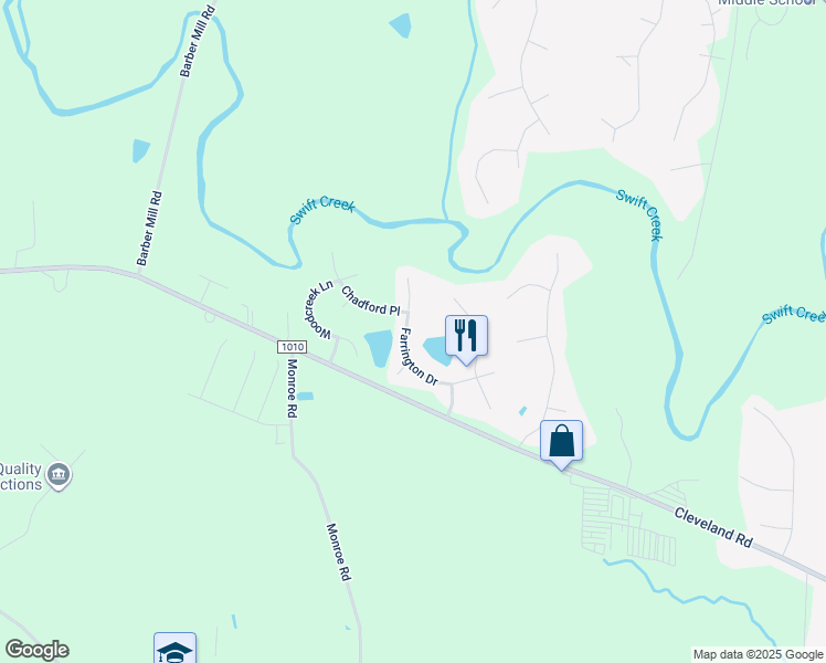 map of restaurants, bars, coffee shops, grocery stores, and more near 184 Farrington Drive in Clayton