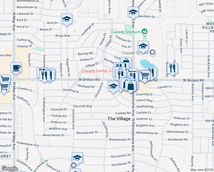 map of restaurants, bars, coffee shops, grocery stores, and more near 1816 Oxford Way in The Village