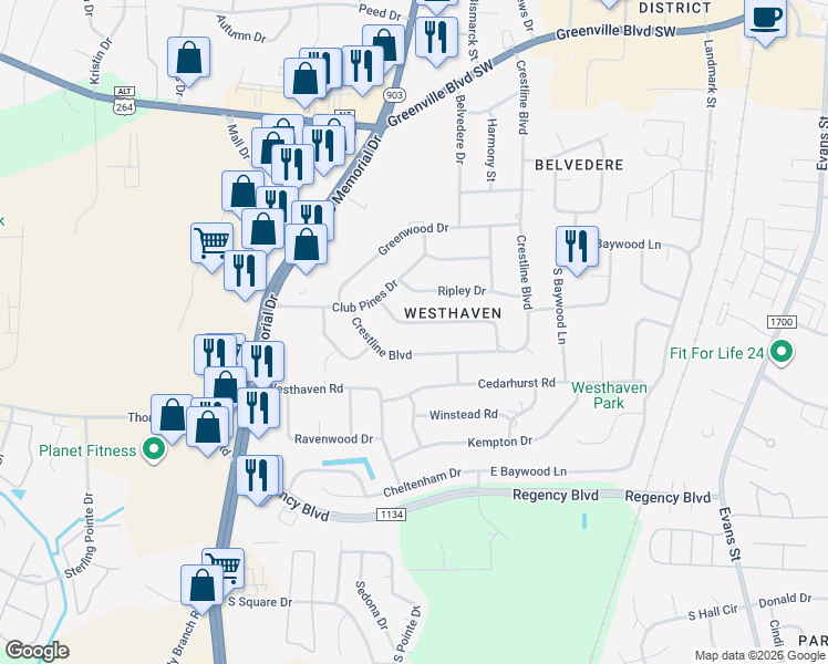map of restaurants, bars, coffee shops, grocery stores, and more near 110 Antler Road in Greenville