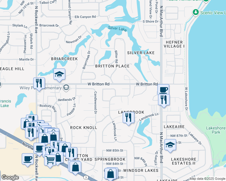 map of restaurants, bars, coffee shops, grocery stores, and more near 6316 Brentford Place in Oklahoma City