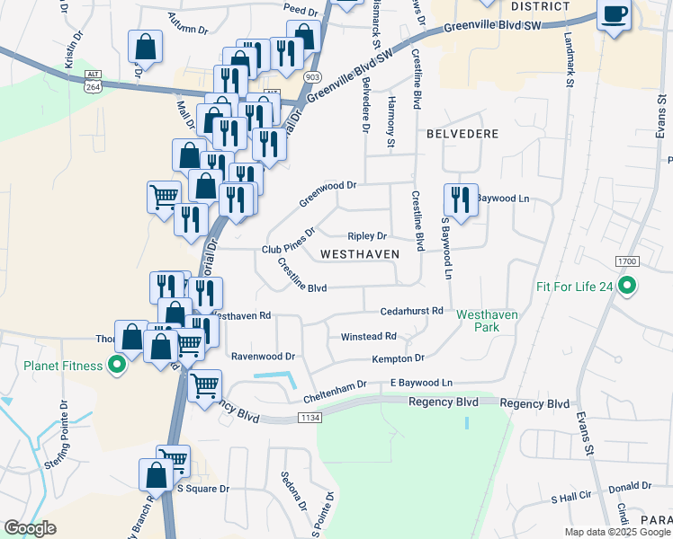 map of restaurants, bars, coffee shops, grocery stores, and more near 112 Antler Road in Greenville