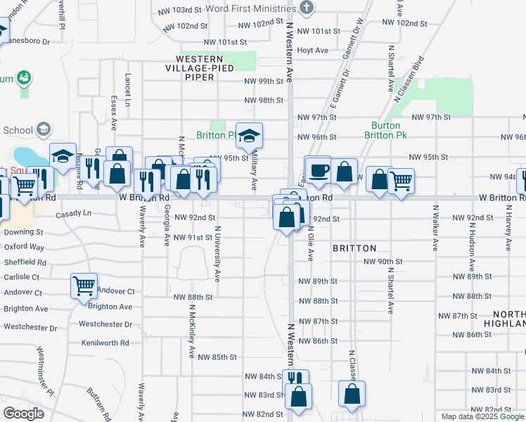 map of restaurants, bars, coffee shops, grocery stores, and more near 1133 Northwest 92nd Street in Oklahoma City