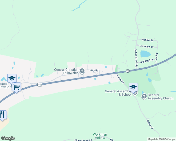 map of restaurants, bars, coffee shops, grocery stores, and more near 828 Gray Road in Hohenwald