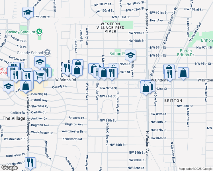 map of restaurants, bars, coffee shops, grocery stores, and more near 1401 Northwest 92nd Street in Oklahoma City