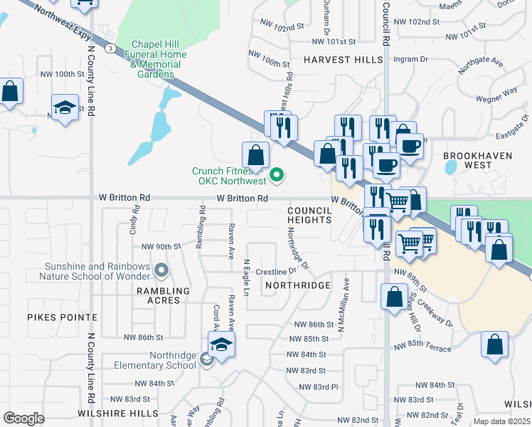 map of restaurants, bars, coffee shops, grocery stores, and more near 8416 Northwest 92nd Street in Oklahoma City