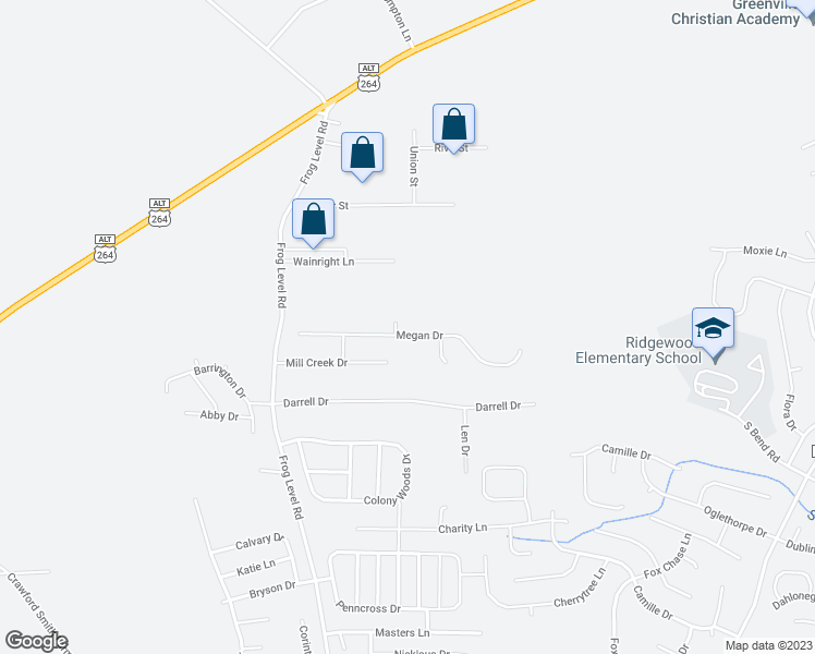 map of restaurants, bars, coffee shops, grocery stores, and more near 740 Megan Drive in Greenville