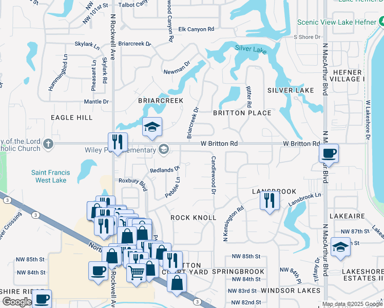 map of restaurants, bars, coffee shops, grocery stores, and more near 6612 Candlewood Drive in Oklahoma City