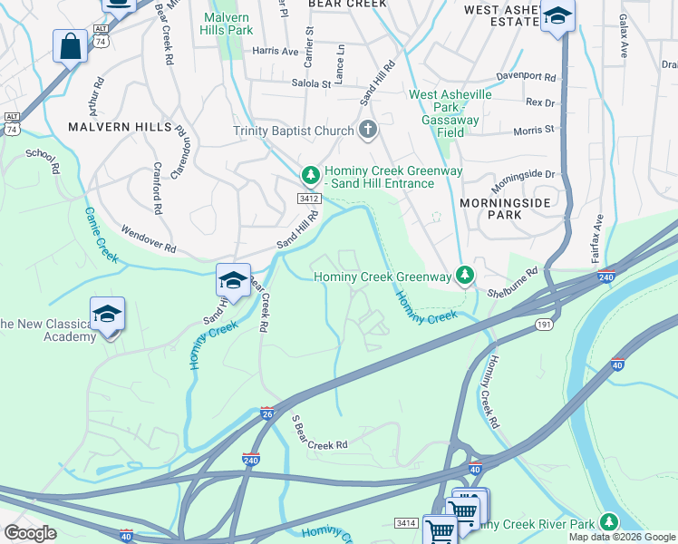 map of restaurants, bars, coffee shops, grocery stores, and more near Hominy Creek Trail in Asheville
