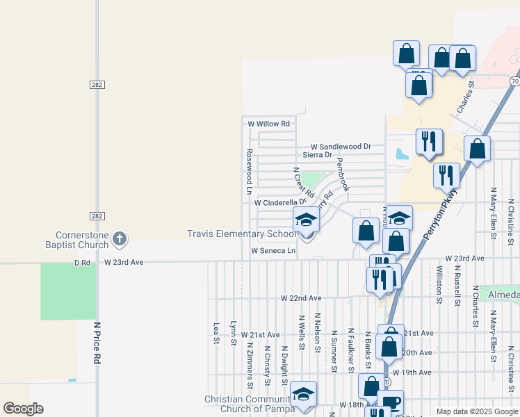 map of restaurants, bars, coffee shops, grocery stores, and more near 1137 West Cinderella Drive in Pampa