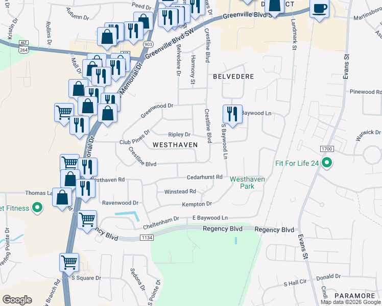 map of restaurants, bars, coffee shops, grocery stores, and more near 126 Antler Road in Greenville