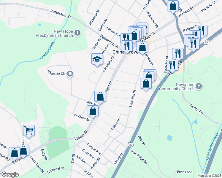 map of restaurants, bars, coffee shops, grocery stores, and more near 698 South Harris Street in China Grove