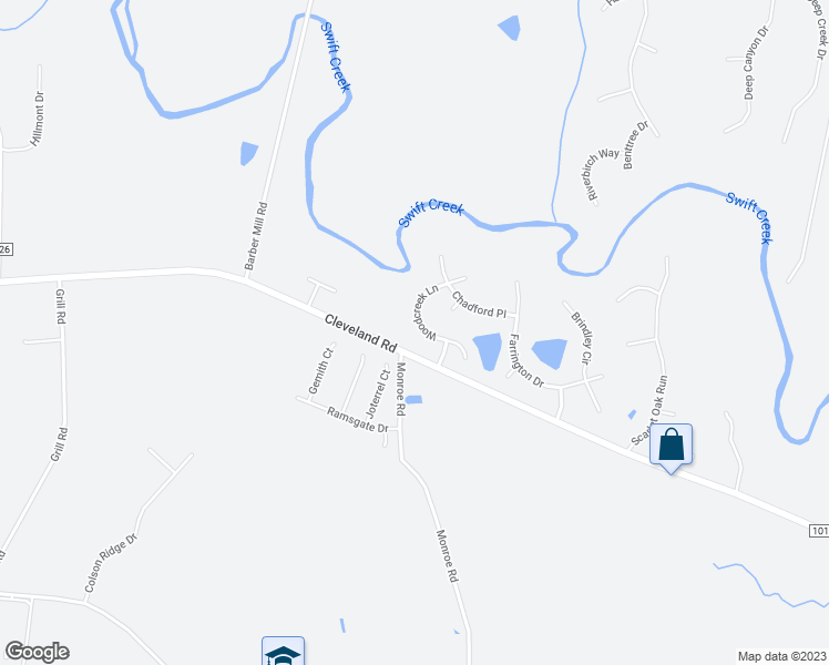 map of restaurants, bars, coffee shops, grocery stores, and more near 65 Woodcreek Lane in Clayton