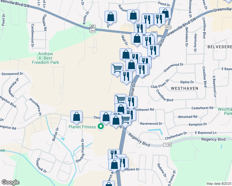 map of restaurants, bars, coffee shops, grocery stores, and more near 3600 South Memorial Drive in Greenville