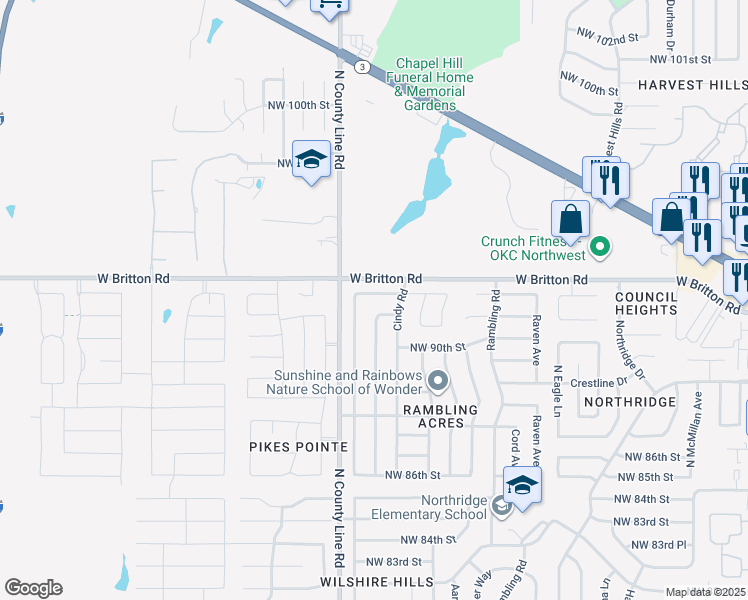 map of restaurants, bars, coffee shops, grocery stores, and more near 8904 Northwest 92nd Street in Oklahoma City