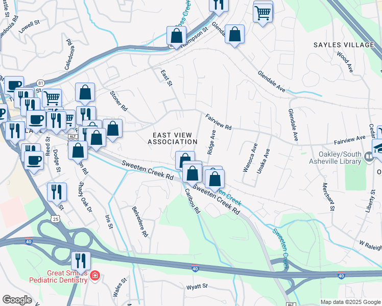 map of restaurants, bars, coffee shops, grocery stores, and more near 50 Main Street in Asheville