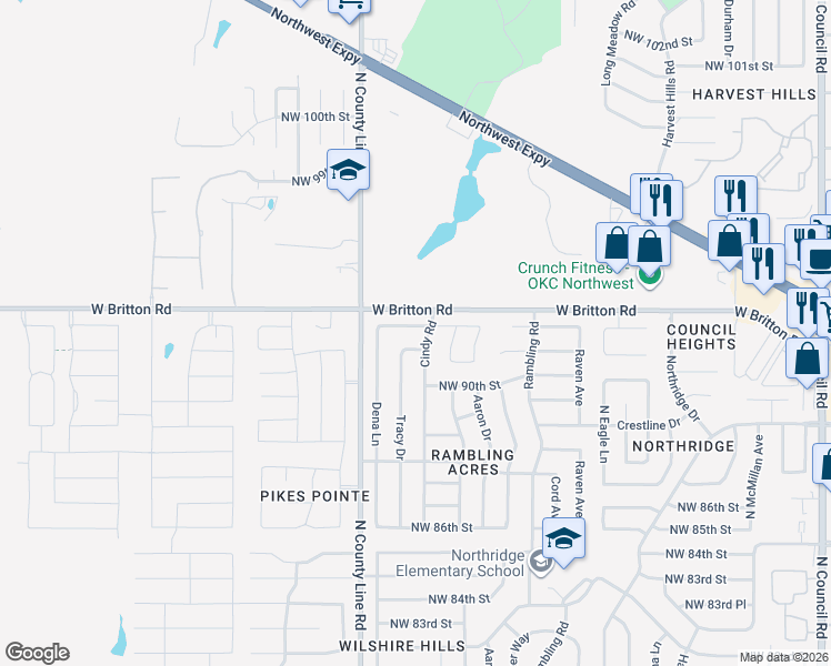 map of restaurants, bars, coffee shops, grocery stores, and more near 8904 Northwest 92nd Street in Oklahoma City