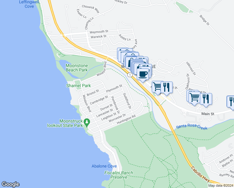 map of restaurants, bars, coffee shops, grocery stores, and more near 554 Cambridge Street in Cambria