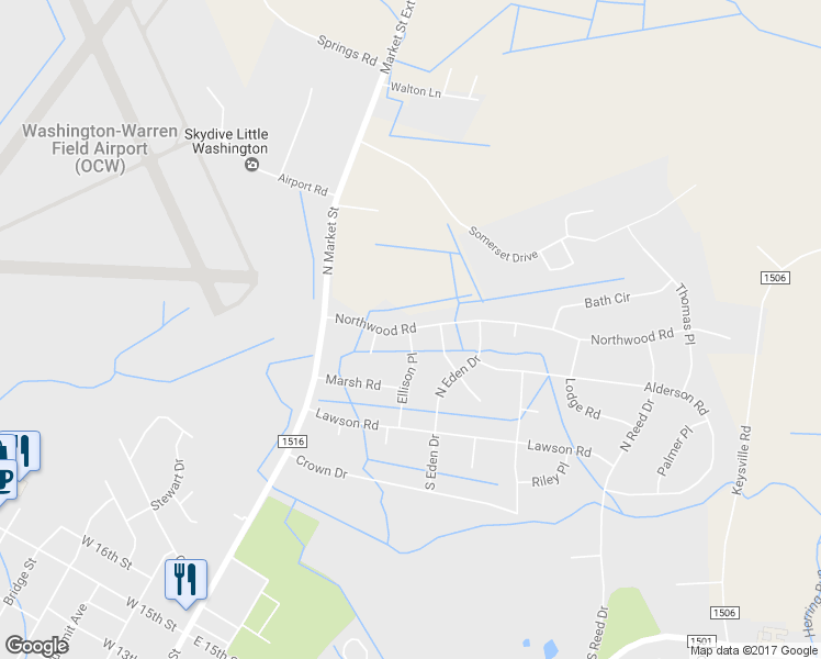 map of restaurants, bars, coffee shops, grocery stores, and more near 203 Northwood Road in Washington