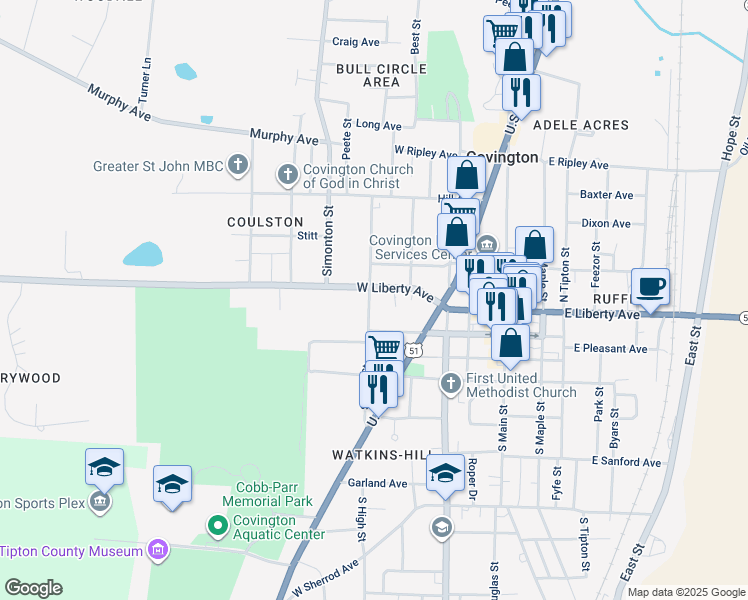 map of restaurants, bars, coffee shops, grocery stores, and more near 114 South High Street in Covington