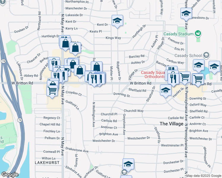 map of restaurants, bars, coffee shops, grocery stores, and more near 9309 Mahler Place in The Village